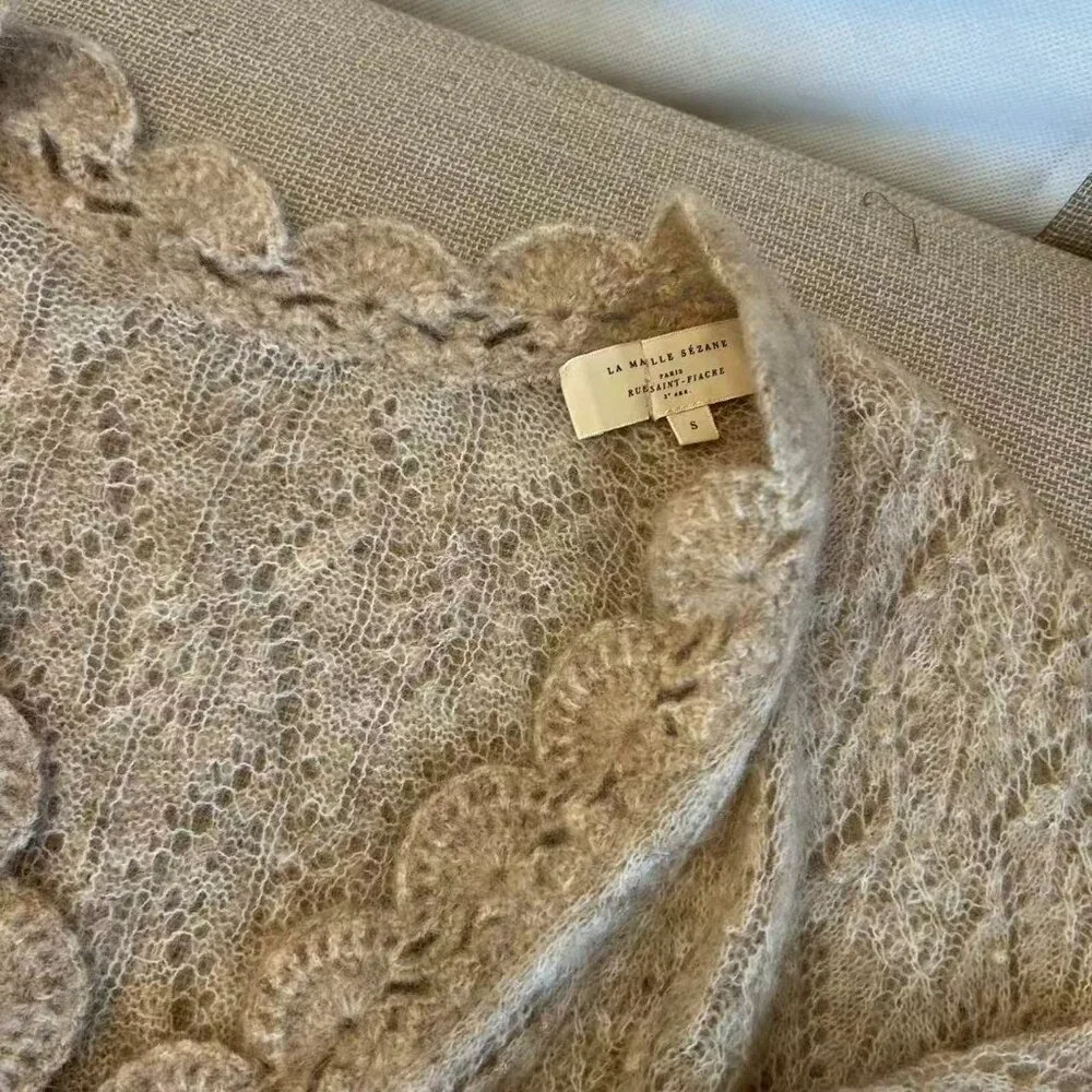 BEST Sezane Nathalia Jumper Small Mottled Beige Sweater V-Neck Wool French Causa_7